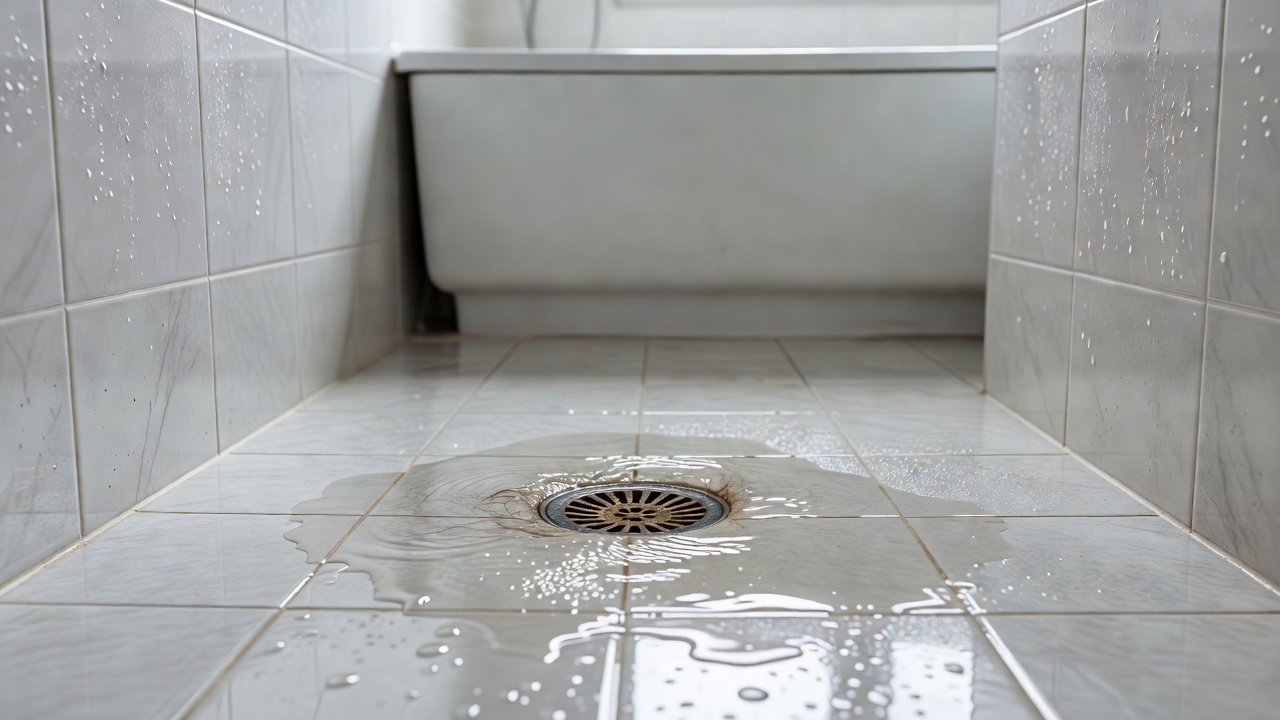 화장실 하수구 막힘으로 샤워 후 물이 고인 바닥