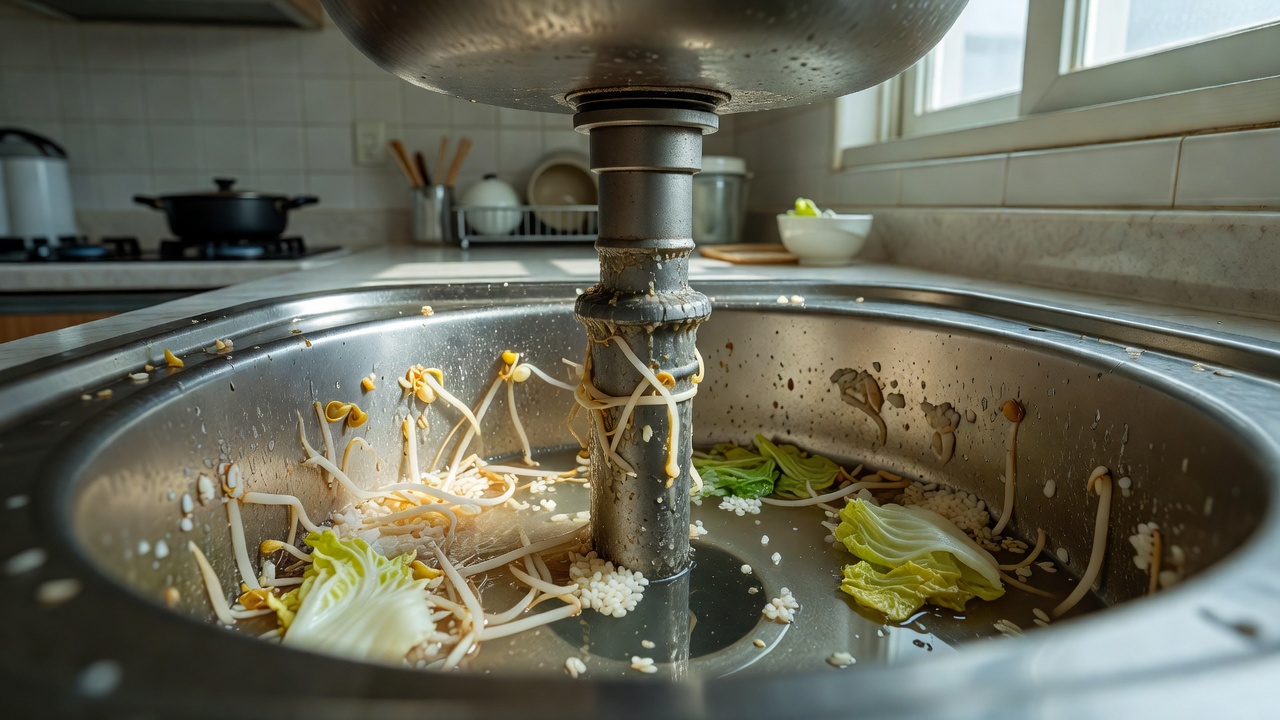 하수구 냄새 제거 전 주요 원인인 음식물 찌꺼기 모습
